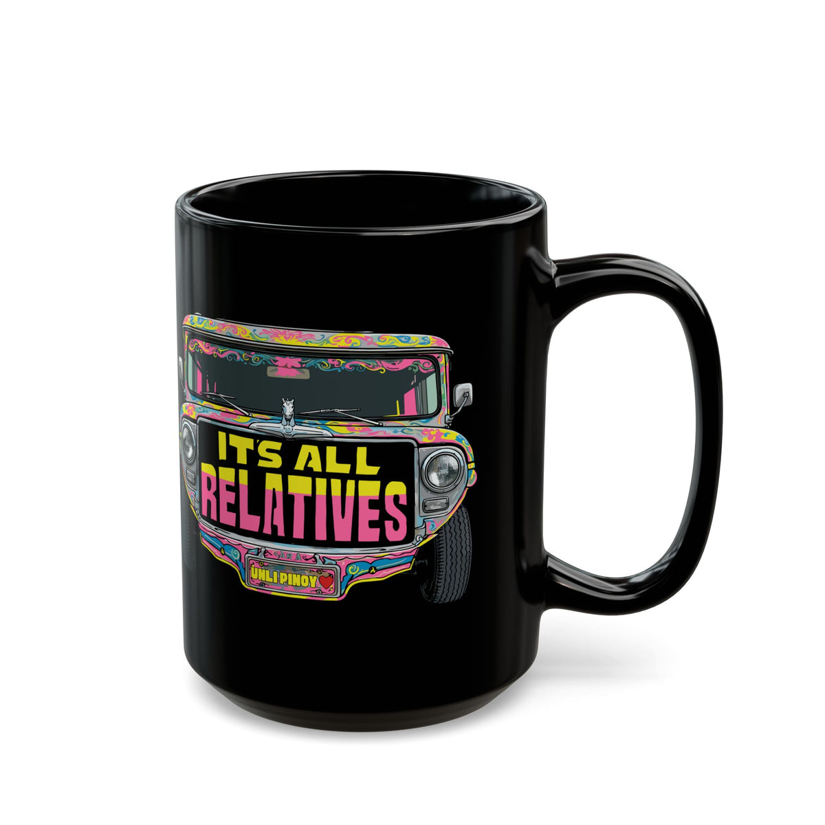 It's All Relatives Jeepney Black Mug