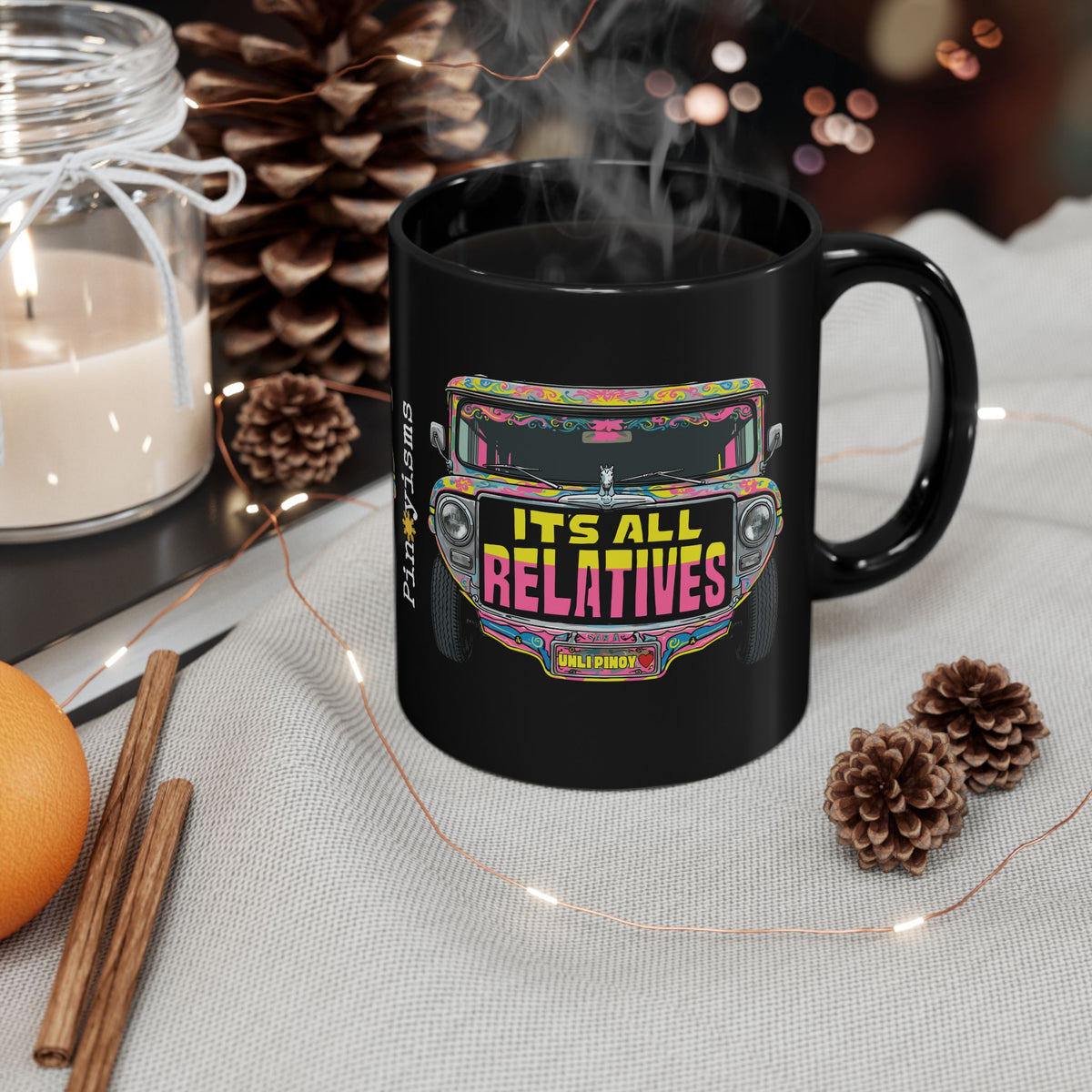 It's All Relatives Jeepney Black Mug