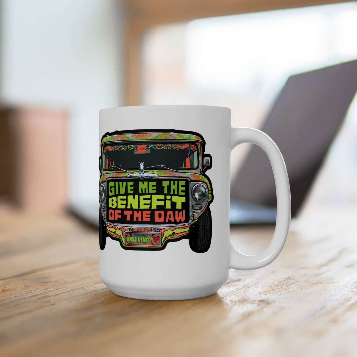 Give Me the Benefit of the Daw Jeepney White Mug