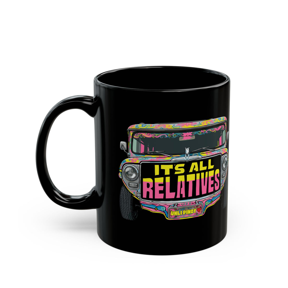 It's All Relatives Jeepney Black Mug